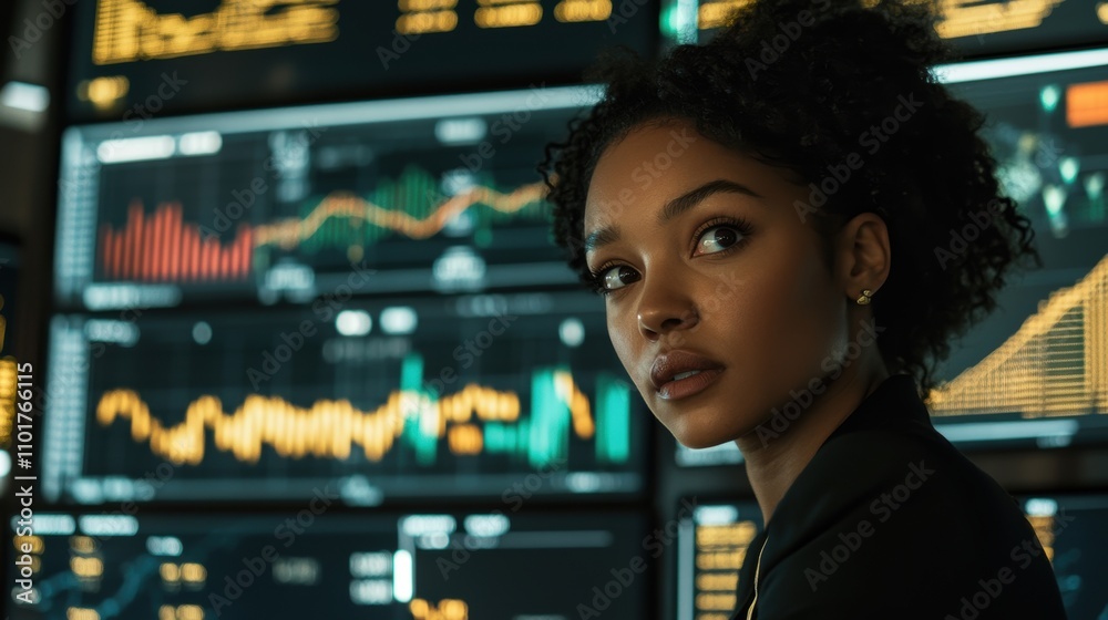 Focused Female Leader Analyzing Data in Modern Office Environment Surrounded by Digital Screens with Graphs and Charts Displaying Business Metrics