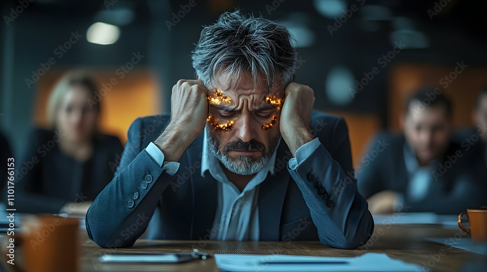 Fototapeta premium Business Team Burnout During High Pressure Meeting | Emotional Toll of Work Stress | Photo Stock Concept