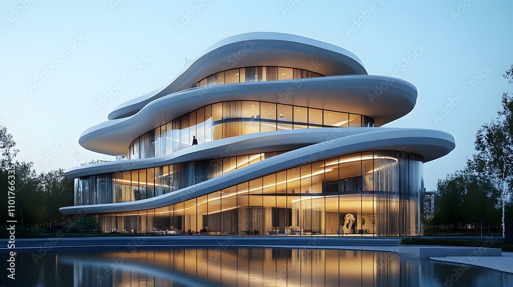 Modern, curved glass building at dusk, reflecting in water. Modern, curved glass building at dusk, reflecting in water.