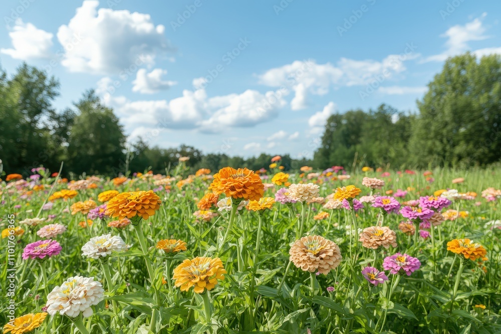Fototapeta premium Vibrant Summer Flower Field with Colorful Zinnias Under a Bright Blue Sky and Fluffy Clouds in a Peaceful Nature Setting