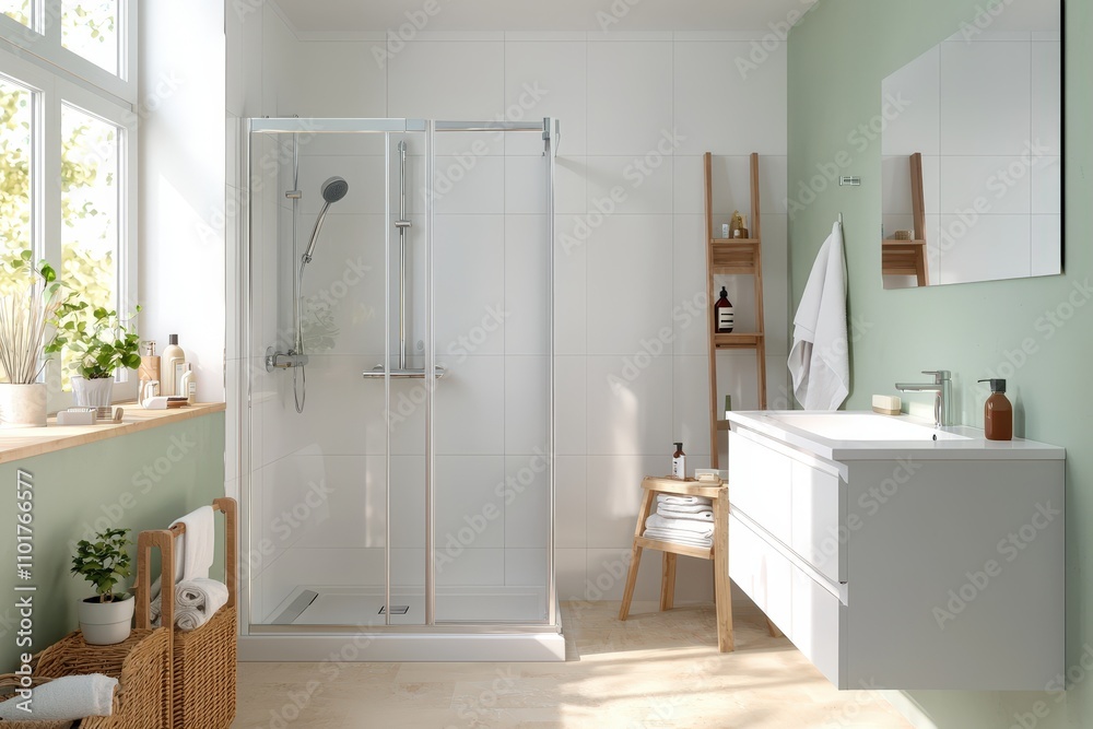 Modern Bathroom Design with Glass Shower, Light Green Walls, Natural Light, and Sleek Vanity Featuring White Sink and Wooden Elements for a Relaxing Space Modern Bathroom Design with Glass Shower, Light Green Walls, Natural Light, and Sleek Vanity Featuring White Sink and Wooden Elements for a Relaxing Space