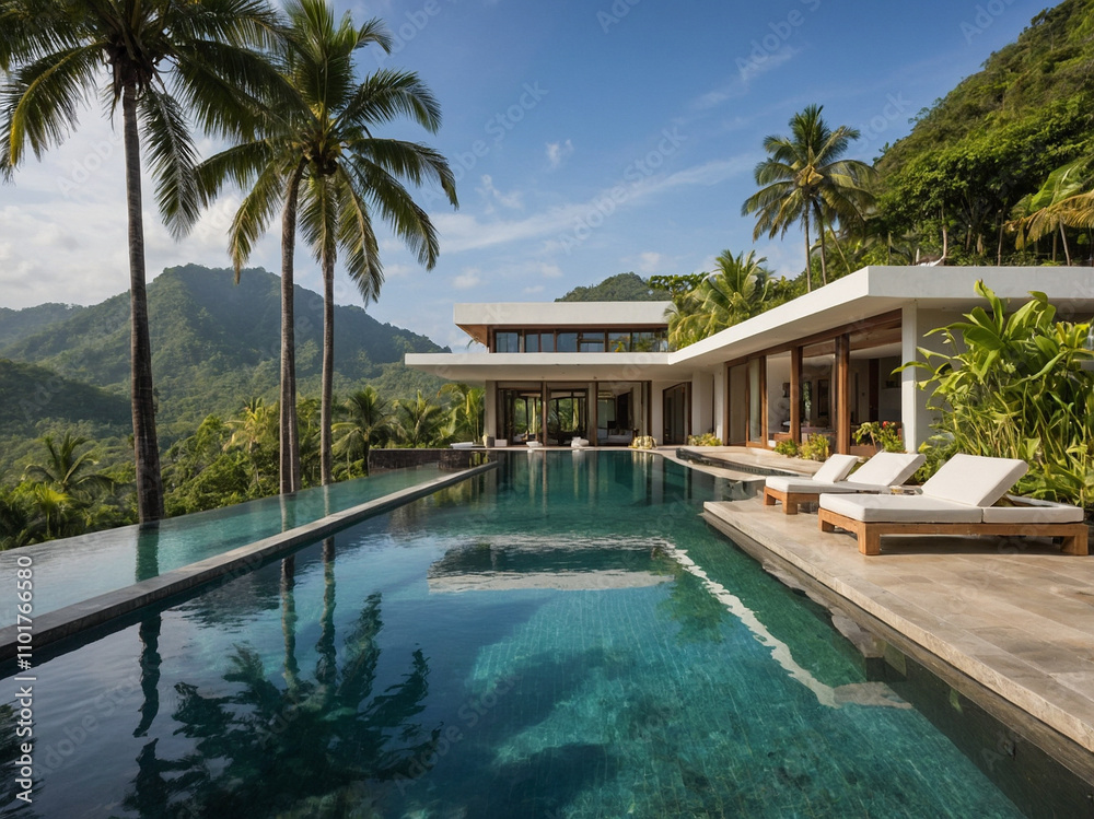 Fototapeta premium Tropical Villa Retreat with Infinity Pool and Lush Surroundings