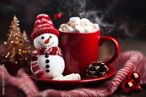 Christmas hot chocolate with marshmallow snowman on cozy blur background with copy space