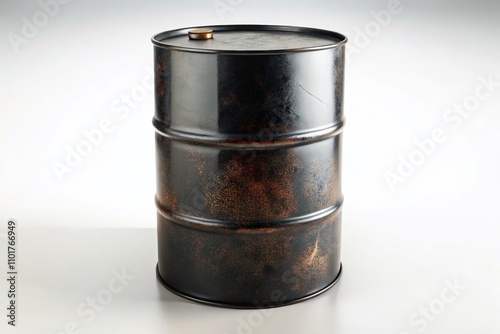 Isolated Black Metal Barrel of Oil on a Clean White Background for Industrial and Energy Themes, Perfect for Environmental Studies and Oil Industry Representations photo