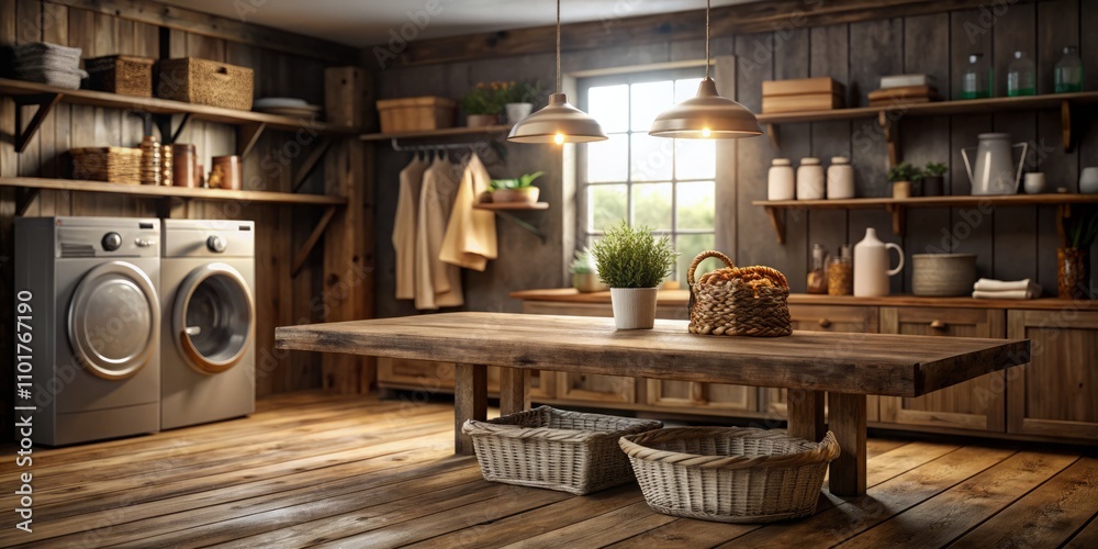Rustic Charm: An Empty Wooden Table Perfect for Product Display in a Quaint Rural Laundry Room Setting Rustic Charm: An Empty Wooden Table Perfect for Product Display in a Quaint Rural Laundry Room Setting
