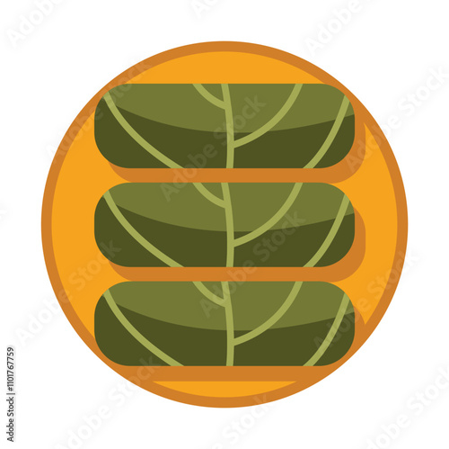 This illustration features three dolmades arranged on a round plate, showcasing the vibrant colors and textures of this beloved middle eastern dish