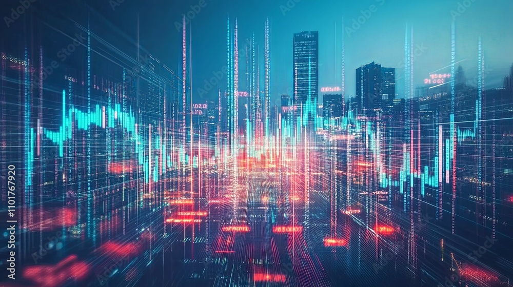 Futuristic Cityscape with Dynamic Data Streams and Stock Market Charts Futuristic Cityscape with Dynamic Data Streams and Stock Market Charts