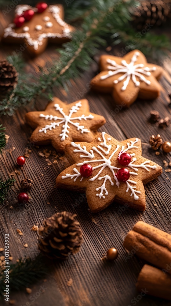 Festive gingerbread snowflakes decorated with icing and berries on a rustic wooden table. Festive gingerbread snowflakes decorated with icing and berries on a rustic wooden table.