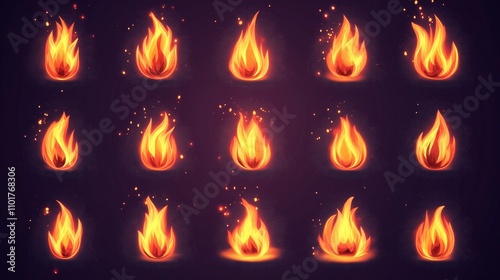 Illustrated set of fire icons with glowing flames on a dark background