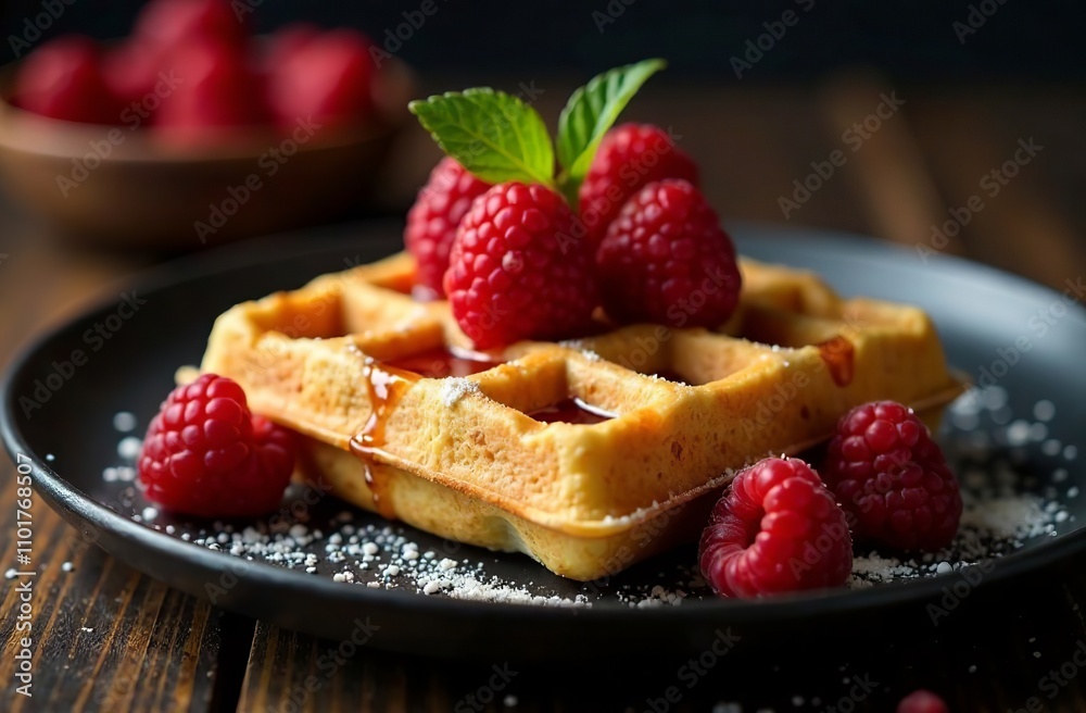 Square Belgian Waffle With raspberry, Food Photo For Restaurant. AI Generative Square Belgian Waffle With raspberry, Food Photo For Restaurant. AI Generative
