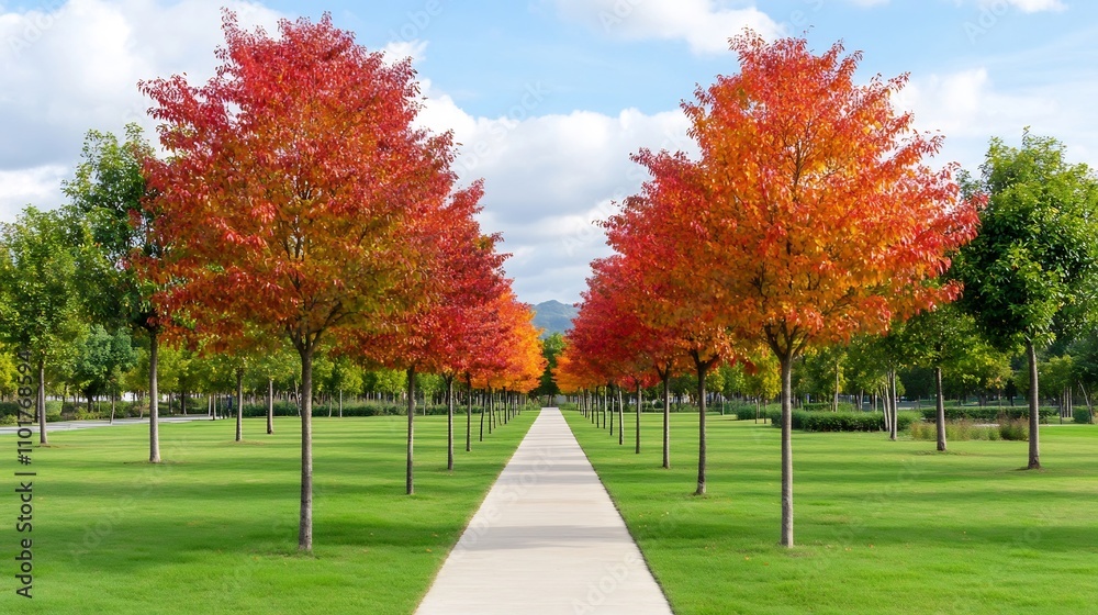 Naklejka premium Autumn Foliage Bursts in Vibrant Hues Lining a Serene Park Pathway
