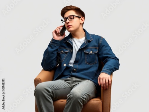 Funny guy sitting in cozy armchair using telephone with cool earflaps, glasses, denim clothes, listening to youth song on isolated grey background, profile, youth song photo