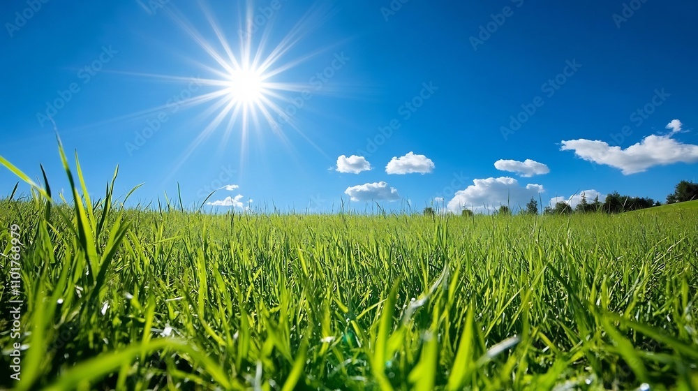 Fototapeta premium Vibrant Green Meadow Under Bright Summer Sun with Serene Cloudscape