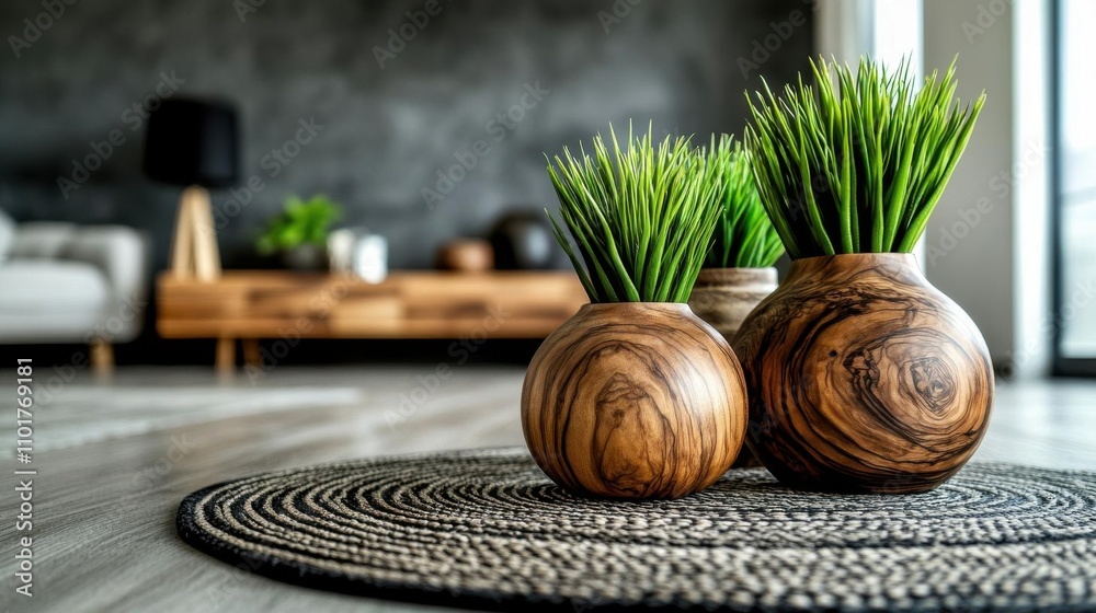 Polished wooden decor pieces arranged in a modern home interior Polished wooden decor pieces arranged in a modern home interior