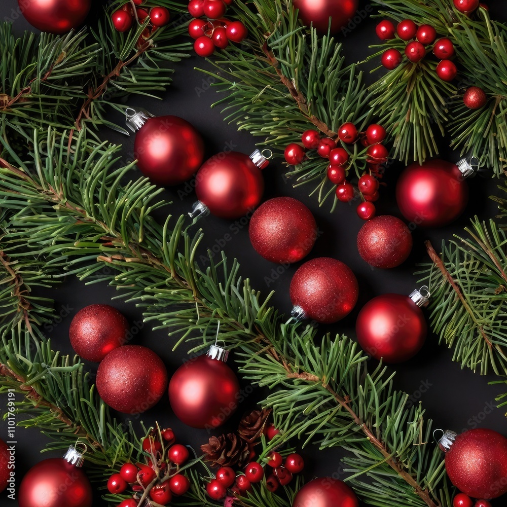 ere is an image of a top view of Christmas decorations including pine branches, red ornaments, and berries. A festive holiday arrangement with a black background, conveying warmth and celebration: ere is an image of a top view of Christmas decorations including pine branches, red ornaments, and berries. A festive holiday arrangement with a black background, conveying warmth and celebration: