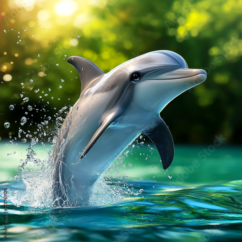 A realistic dolphin with big eyes jumping out of the water, on a green background. High resolution, detailed2 photo