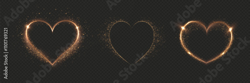 Heart gold with flashes isolated on transparent background. Light heart for holiday cards, banners, invitations. Heart-shaped gold wire glow. PNG image	