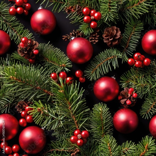 ere is an image of a top view of Christmas decorations including pine branches, red ornaments, and berries. A festive holiday arrangement with a black background, conveying warmth and celebration:"