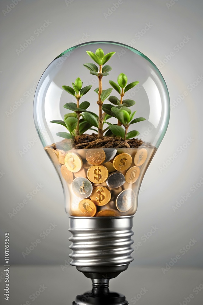 Innovative Light Bulb with Plant and Money Symbols for Environmental Finance Concept Innovative Light Bulb with Plant and Money Symbols for Environmental Finance Concept