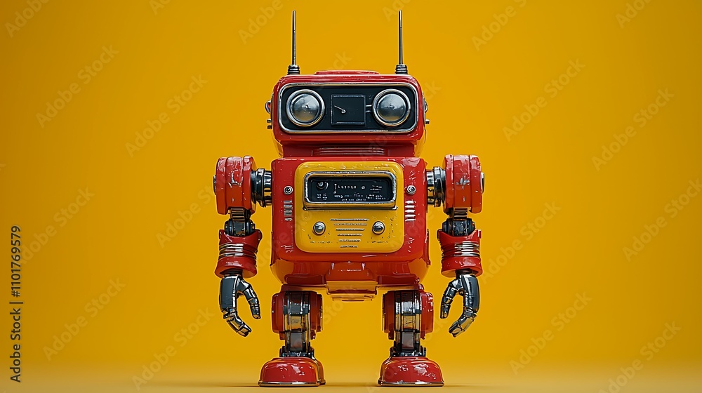 Retro robot resin figure, featuring 1950s aesthetics, antennas, buttons, and a bold red-and-yellow color scheme Retro robot resin figure, featuring 1950s aesthetics, antennas, buttons, and a bold red-and-yellow color scheme