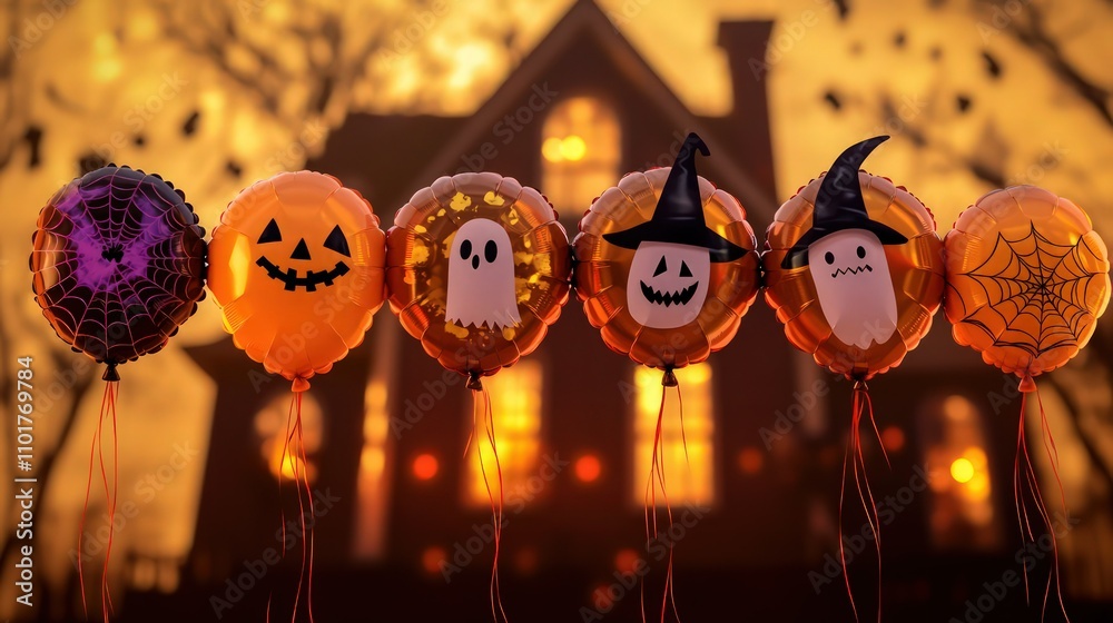 Naklejka premium A row of Halloween-themed balloons with witch hats, ghost faces, and spider web patterns hovering in front of a haunted house silhouette.
