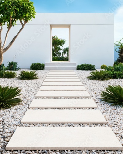 A modern, minimalist garden path leads to a white wall with a rectangular opening, surrounded by greenery and gravel.