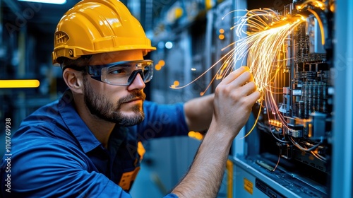 Fiber optic installation concept. Technician working on electrical panel with sparks flying