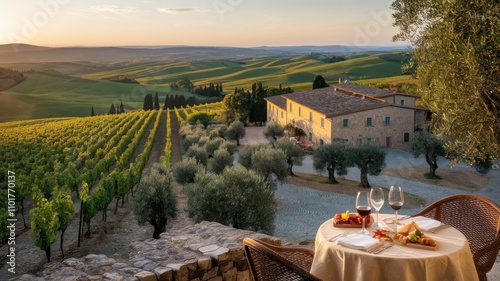 Vineyard and villa view with table setting at sunset.