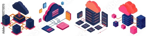 Register Flat Design. Isometric illustration of a cloud-based registration system, vibrant data flow visuals and integrated tech symbols, register system, next-gen technology photo