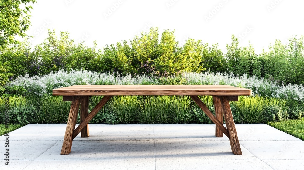 Wooden Table Set in a Vibrant Garden During Summer Season Wooden Table Set in a Vibrant Garden During Summer Season