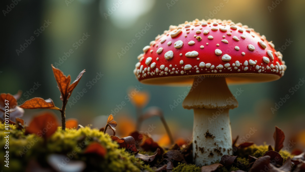 A vibrant red mushroom with white spots, known as Muscimol, growing on a forest floor covered with fallen leaves. A vibrant red mushroom with white spots, known as Muscimol, growing on a forest floor covered with fallen leaves.
