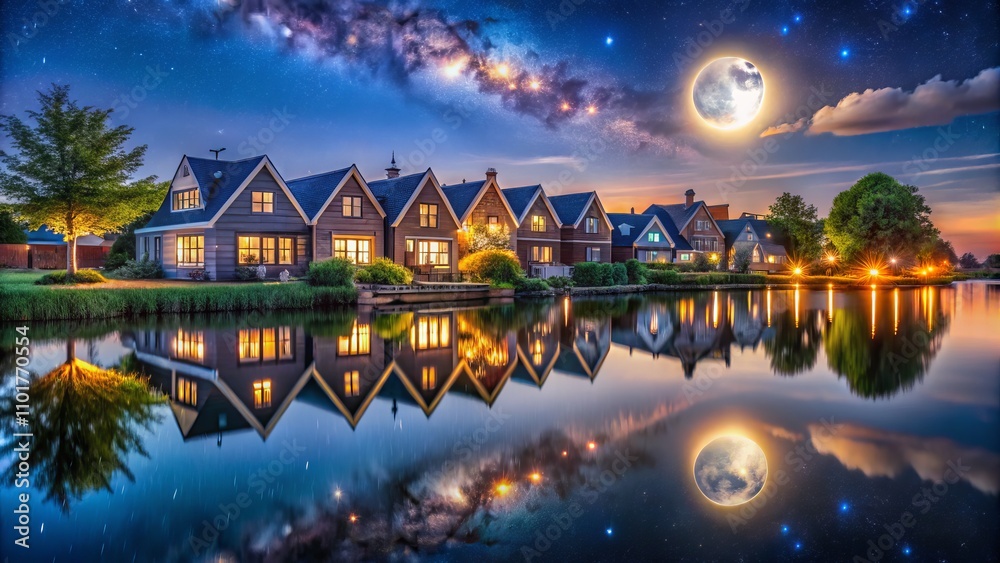 Serene Night Photography of a Row of Houses Reflected in a Tranquil Pond Under the Starry Sky, Capturing the Magic of Nature and Architecture in Perfect Harmony Serene Night Photography of a Row of Houses Reflected in a Tranquil Pond Under the Starry Sky, Capturing the Magic of Nature and Architecture in Perfect Harmony