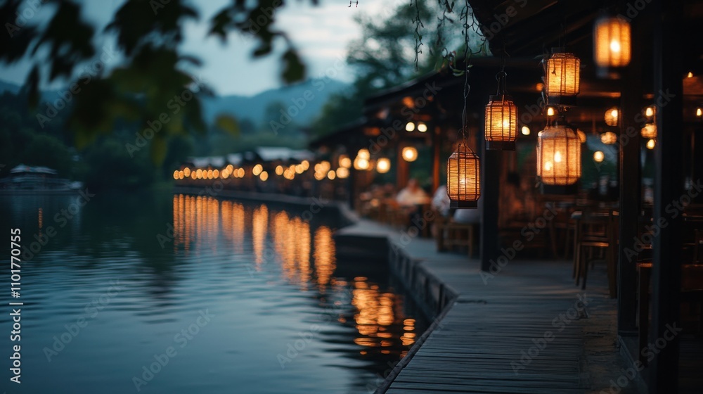 Fototapeta premium Lakeside Restaurant Evening Lanterns, Water Reflections, Wooden Dock