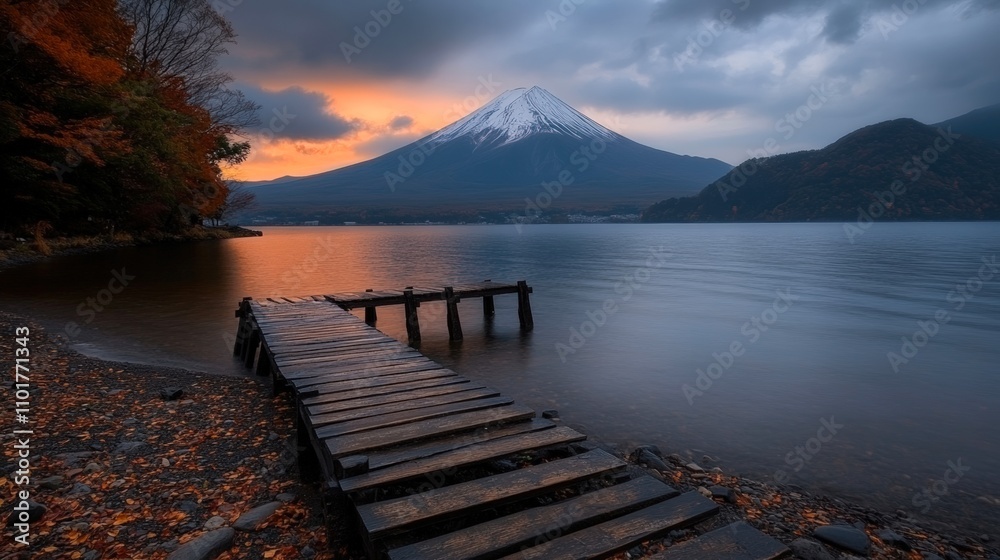 Obraz premium A serene view of a wooden pier leading into a calm lake with Mount Fuji in the background, surrounded by autumn foliage, Ideal for travel blogs, nature magazines, or relaxation-themed projects,