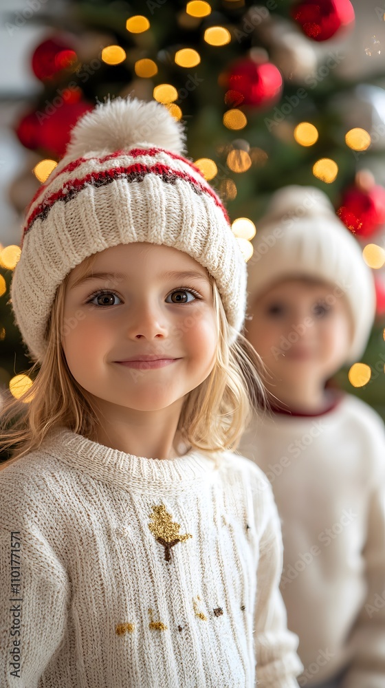 Cheerful girl with blonde hair and knitted hat, festive mood with Christmas decorations. Cheerful girl with blonde hair and knitted hat, festive mood with Christmas decorations.