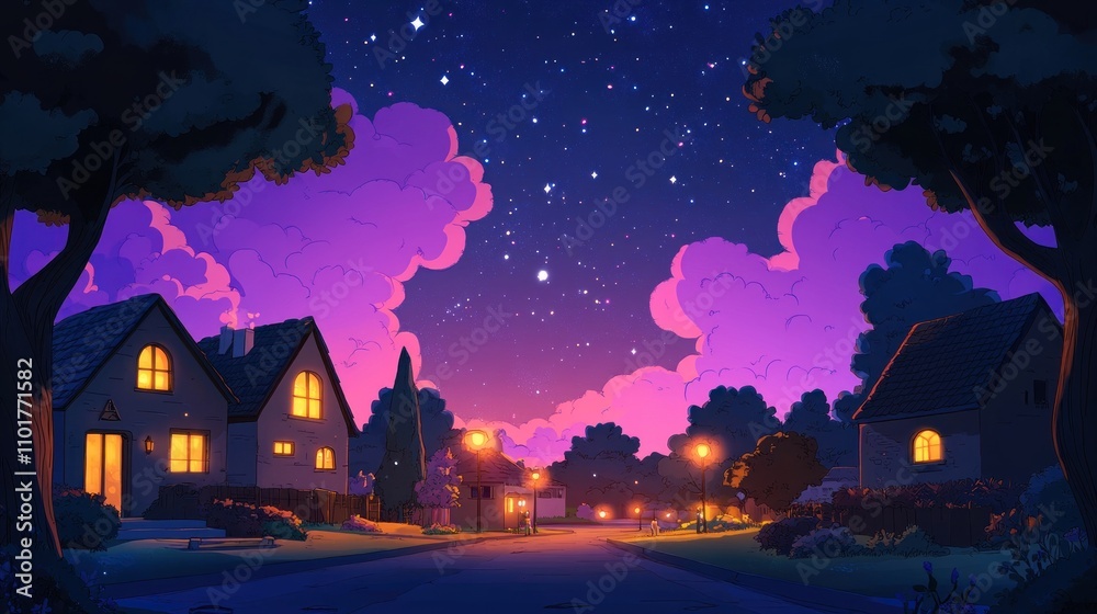Tranquil Suburban Street at Night Under Starlit Skies Tranquil Suburban Street at Night Under Starlit Skies