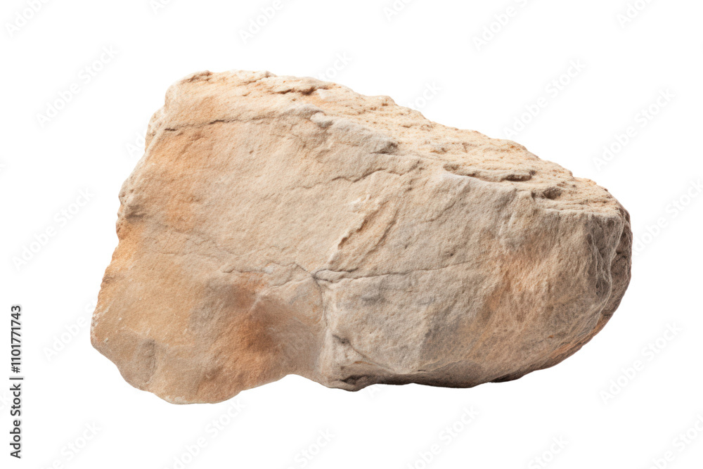 A small, flat beige rock stone with a slightly granular surface and light color variations isolated on white background A small, flat beige rock stone with a slightly granular surface and light color variations isolated on white background