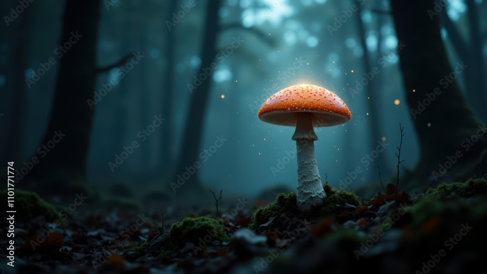 Fototapeta premium Magic mushroom shining under dark forest canopy.