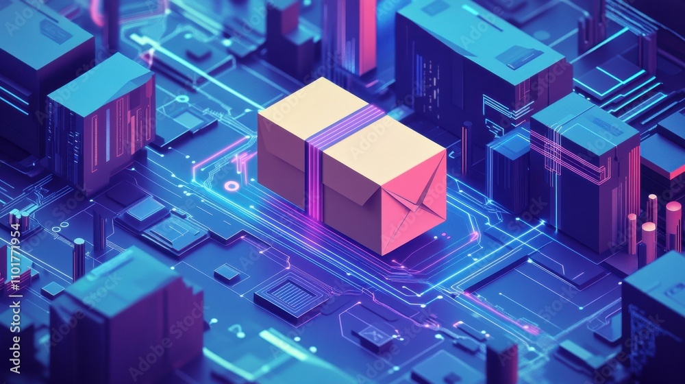 Illustration of a package traveling along a digital map. Illustration of a package traveling along a digital map.