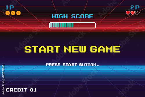 START NEW GAME. play .pixel art .8 bit game. retro game. for game assets in vector illustrations.