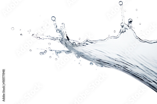 A single drop of water falling into a clear pool, causing a splash with droplets dispersing outward, isolated on white background photo