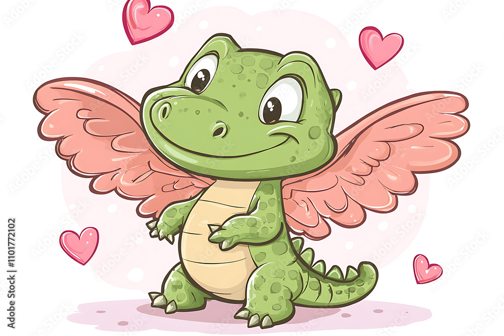 Obraz premium A cute green dragon with pink wings and a cheerful expression surrounded by hearts.