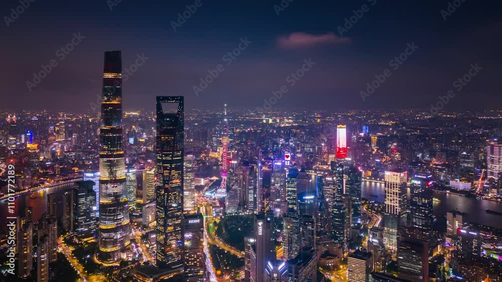 4K time lapse Aerial View of Shanghai skyline at night with the Winding Huangpu River 4K time lapse Aerial View of Shanghai skyline at night with the Winding Huangpu River