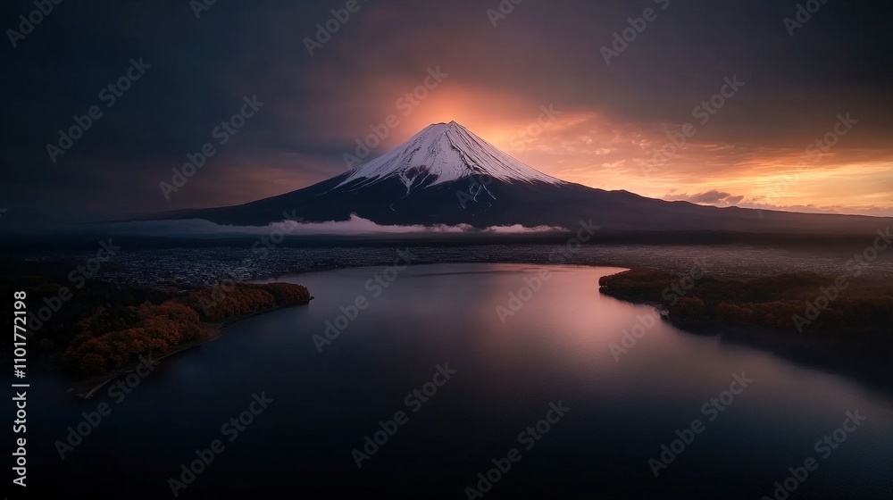 A stunning view of a snow-capped mountain at sunset, reflecting in a calm lake surrounded by autumn foliage, Ideal for travel blogs, nature publications, or landscape art projects, A stunning view of a snow-capped mountain at sunset, reflecting in a calm lake surrounded by autumn foliage, Ideal for travel blogs, nature publications, or landscape art projects,