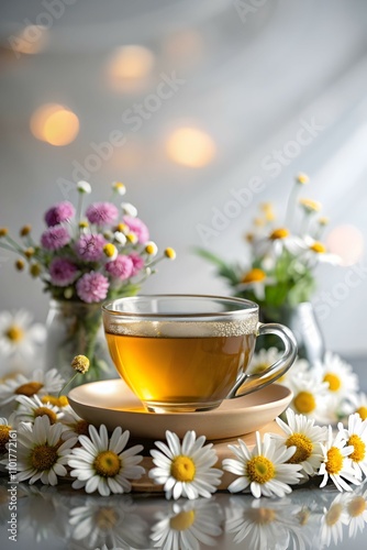 Bokeh Digital Art Herbal Tea Set Blooming Flowers Wellness Natural Health Spa Retreats