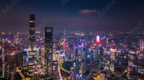 Wallpaper Mural 4K time lapse Aerial View of Shanghai skyline at night with the Winding Huangpu River Torontodigital.ca
