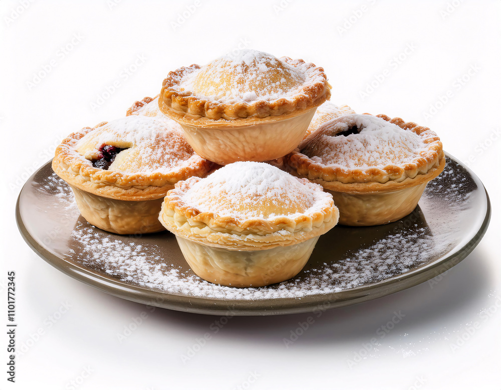 A stack of flaky, golden-brown mince pies dusted with powdered sugar, ready to be enjoyed A stack of flaky, golden-brown mince pies dusted with powdered sugar, ready to be enjoyed