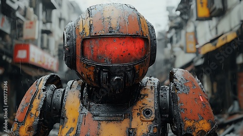 Gigantic mecha resin figure, standing atop a destroyed building, military-grade paint job, and glowing red visor