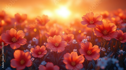 Vibrant orange flowers in a field at sunset.