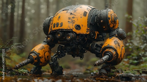 Heavy-duty robot model, armored with cannons and rocket launchers, battle-scarred resin finish